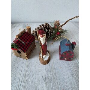 Vintage country cottage pinecone Barn ornament Santa glitter Xmas rustic‎ plaid